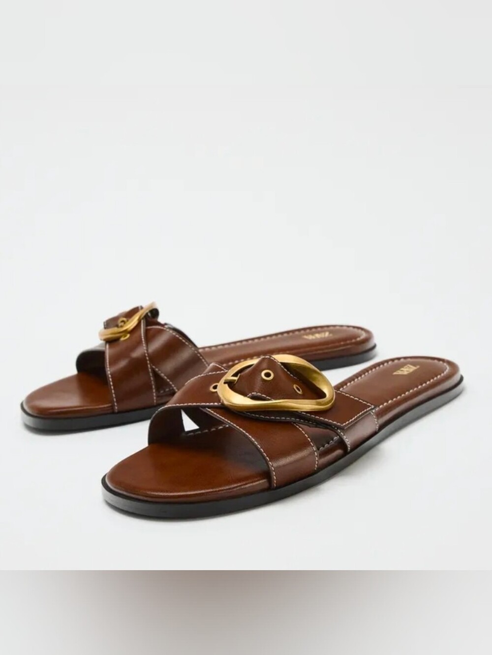 New ZARA Flat Brown Leather Buckle Mule Sandals Slides Size 8 US / 39 EUR